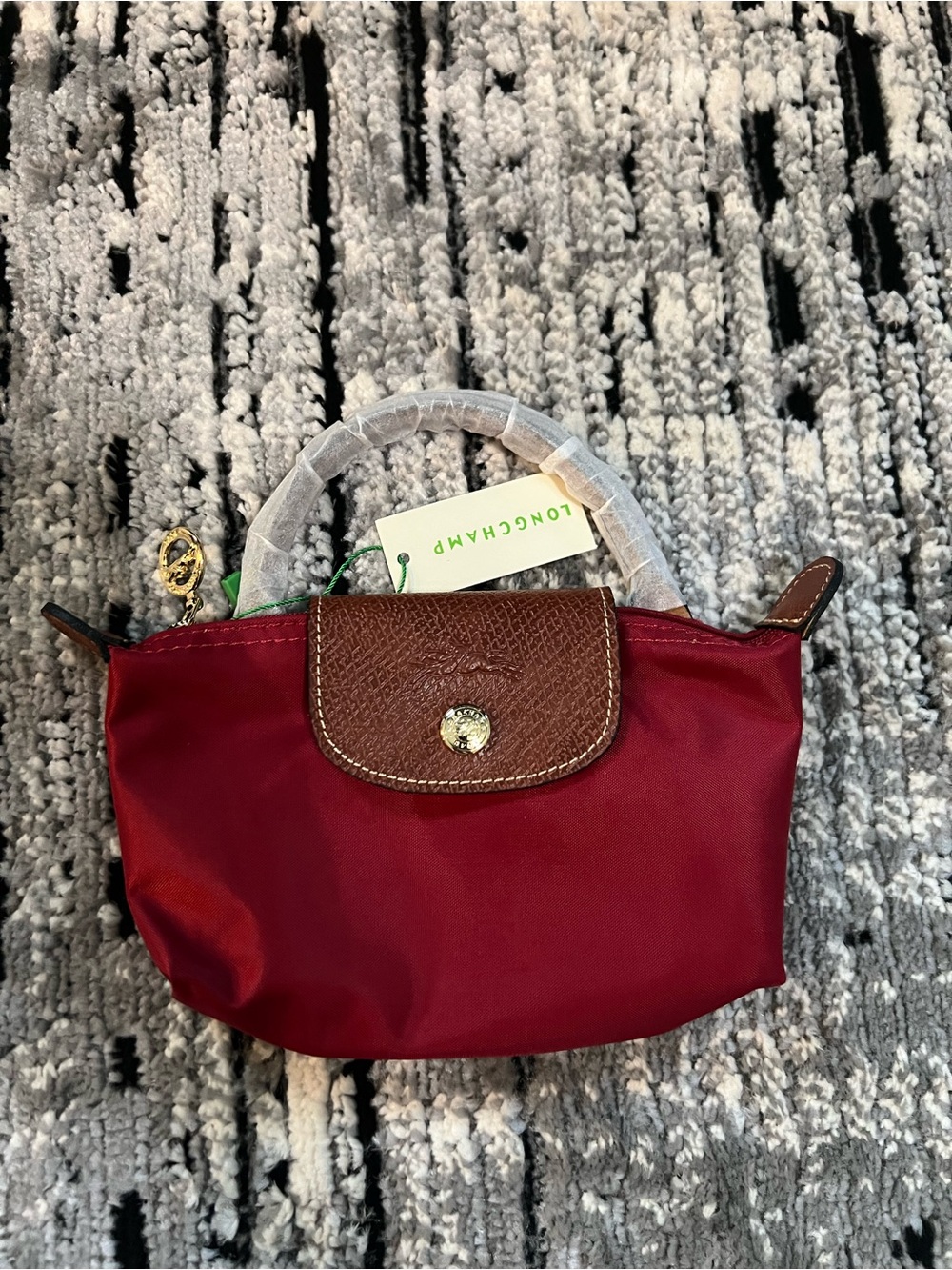 Longchamp Mini Top-Handle Bag in Burgundy with Brown Trim